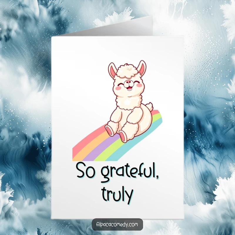 Funny Free Printable Thank You Card showing an ecstatic alpaca sliding down a rainbow, expressing thanks with joy.