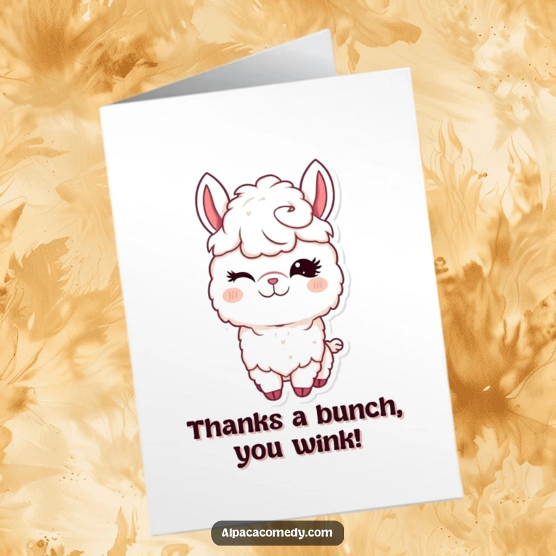 Funny Free Printable Thank You Card of a kawaii alpaca winking sweetly with its long, elegant eyelashes.