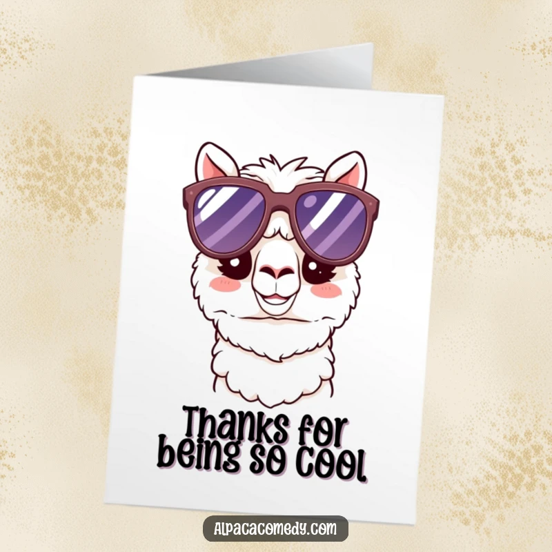 Funny Free Printable Thank You Card: Kawaii alpaca sporting cool oversized sunglasses, expressing thanks with downloadable art.
