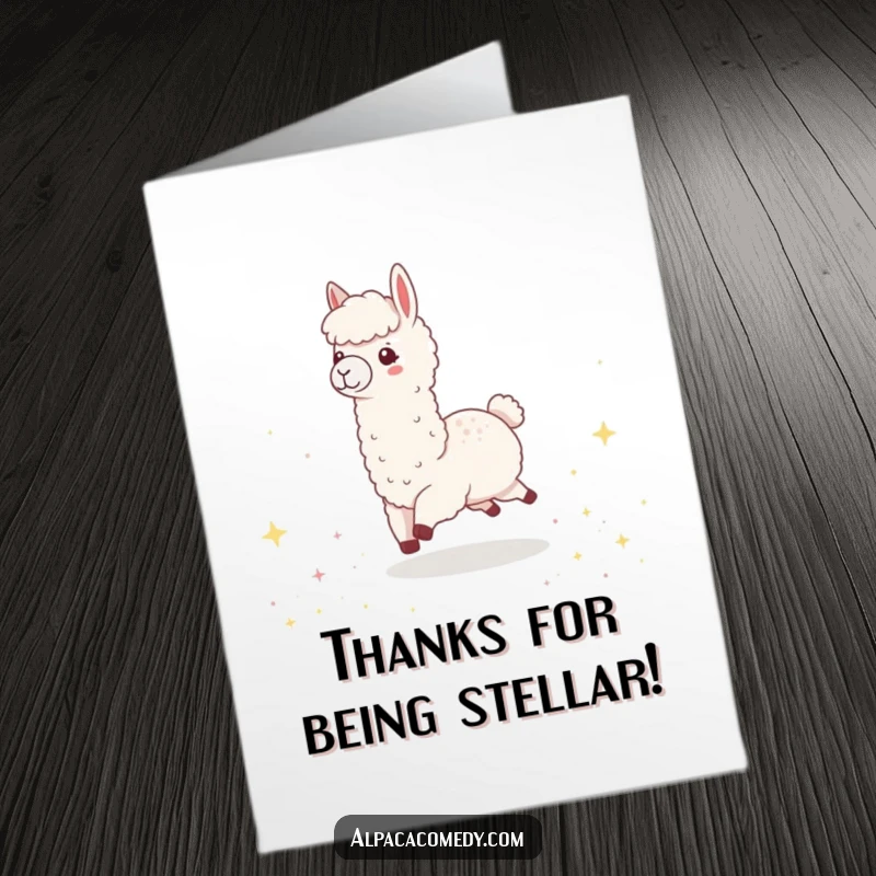 Funny Free Printable Thank You Card: A happy kawaii alpaca skips joyfully amidst a field of glittering, tiny stars.