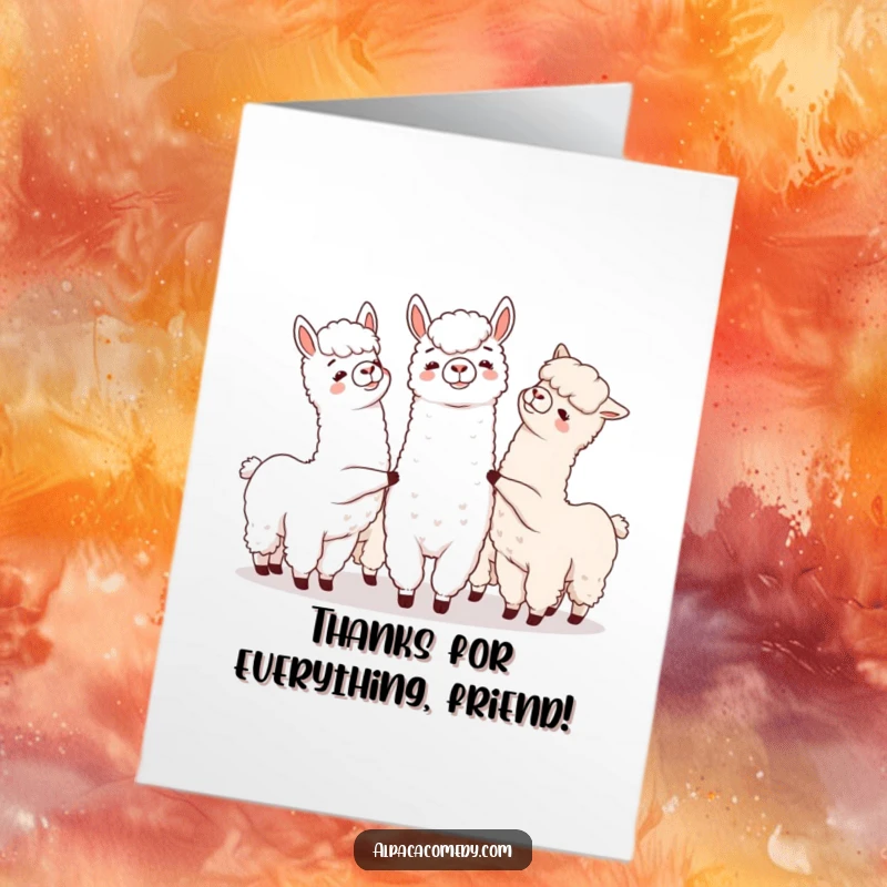 Funny Free Printable Alpaca Thank You Card: Group of alpacas playfully nudging each other, expressing gratitude warmly, a downloadable gift.