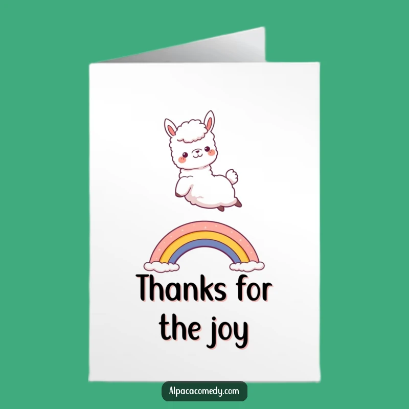 Free Printable Happy Alpaca Thank You Card: Jumping Kawaii Paca Over Rainbow Gratitude