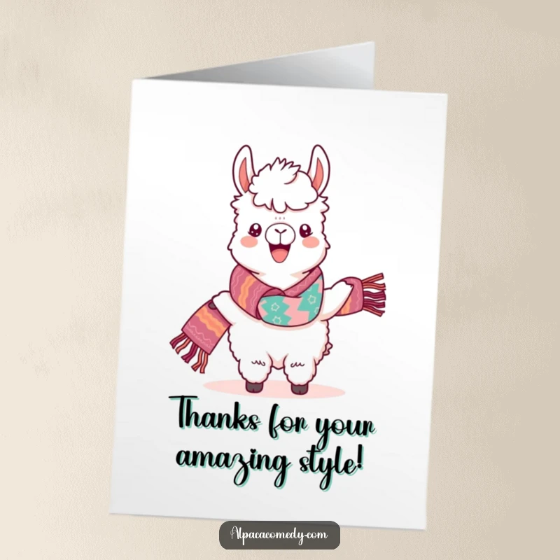 Funny Free Printable Thank You Card: Kawaii alpaca proudly models a stunning, colorful scarf, conveying warm thanks gracefully.