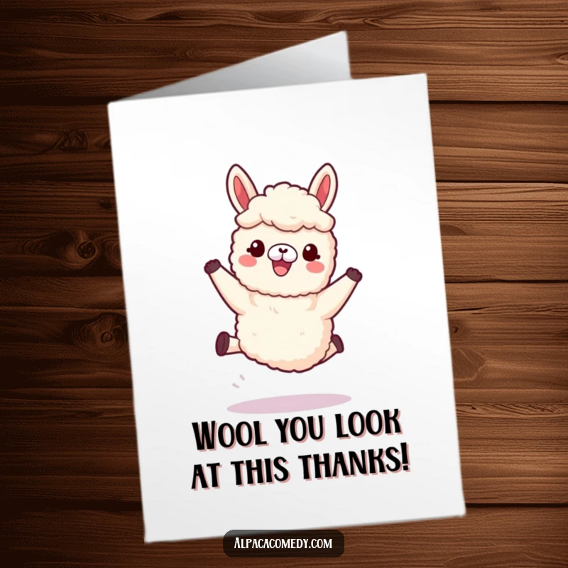 Funny Free Printable Thank You Card of a kawaii alpaca joyfully leaping with its soft woolly legs showcased.