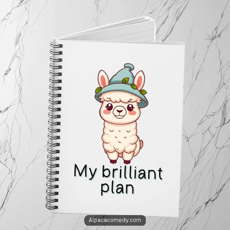 Funny kawaii alpaca wearing a tiny hat adorned with green leaves, featured on this ruled notebook, inspiring stylish thoughts.