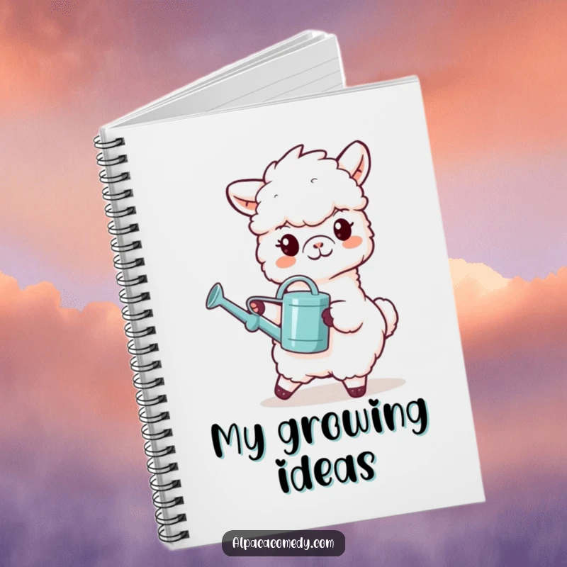 Funny notebook displaying a grinning alpaca character carrying a tiny watering can, symbolizing growth and nurturing for ideas.