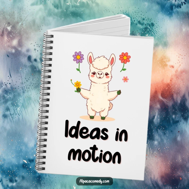 Funny kawaii alpaca skillfully juggles three vibrant flowers with poise and grace, featured on this ruled notebook, inspiring creativity.