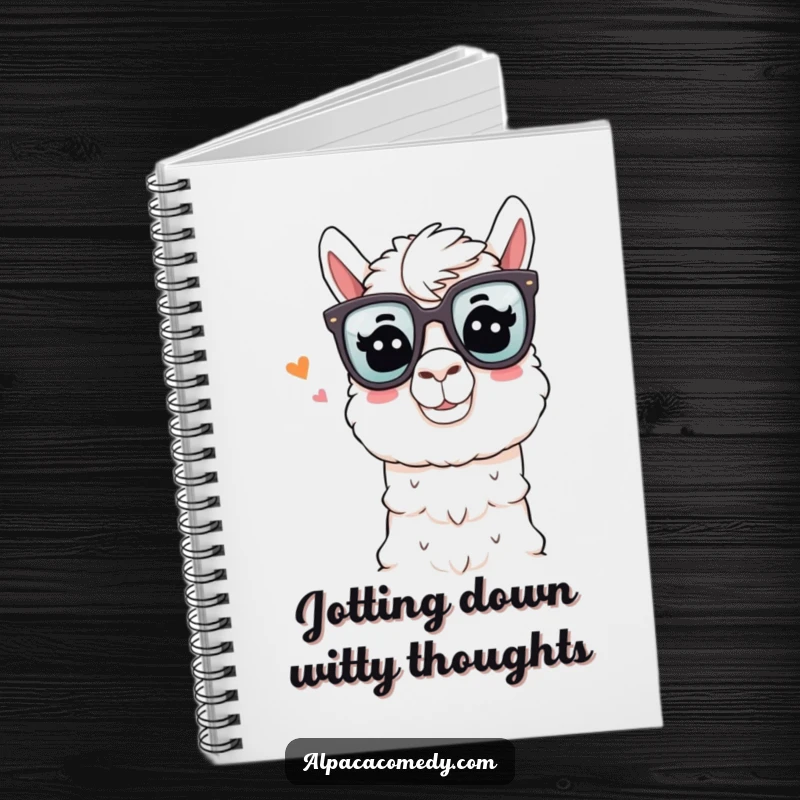 Funny Alpaca Notebook: An alpaca wearing comedy glasses winks playfully while telling a joke, perfect for jotting down humorous ideas.