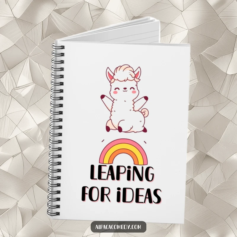 Funny Kawaii alpaca notebook, gleefully leaping over a rainbow with a fluffy mane, inspiring creativity and joyful note-taking.
