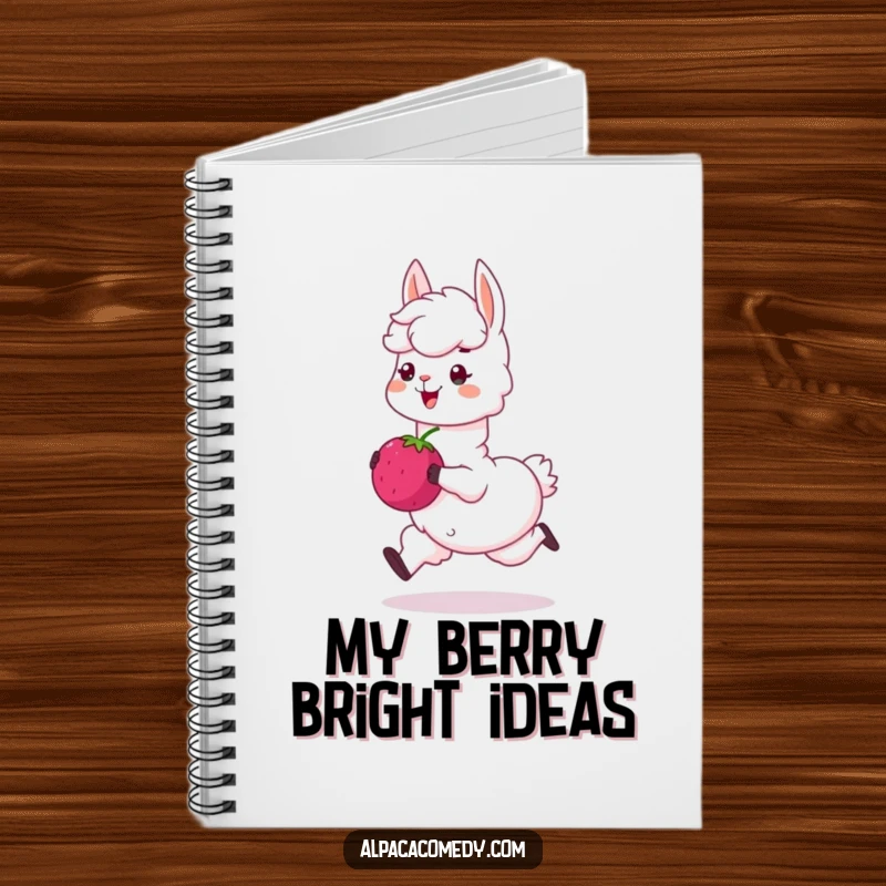 Funny notebook: A cheerful alpaca character skips along with a large, sweet berry, ideal for jotting down happy thoughts.