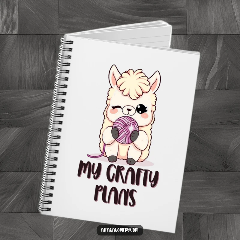 Funny notebook: A charming alpaca winks while holding a miniature sparkling yarn ball, ideal for capturing creative ideas.
