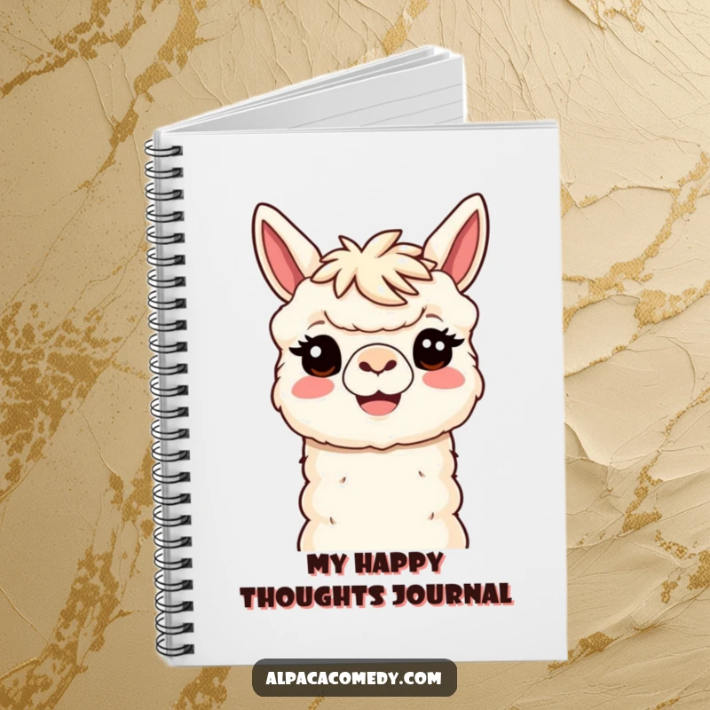 Funny Kawaii Alpaca Notebook with a smiling alpaca offering a welcoming head tilt, perfect for writing down cheerful and humorous ideas.