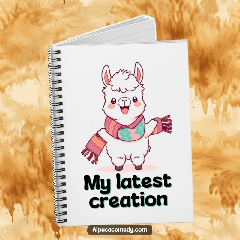 Funny Kawaii Alpaca Notebook, featuring a happy alpaca proudly displaying a vibrant scarf, perfect for note-taking.