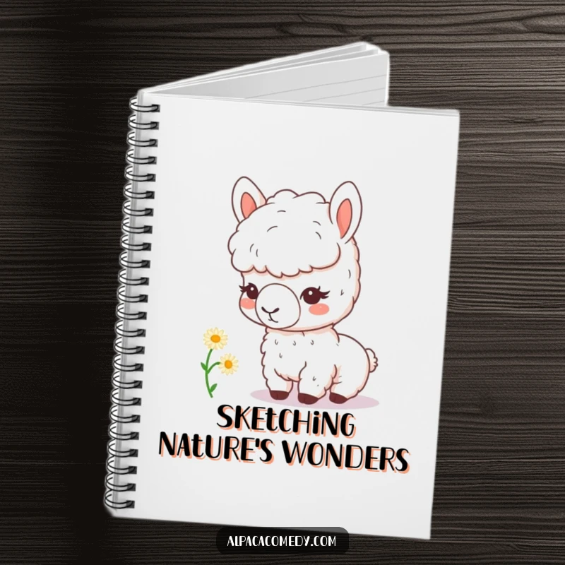 Funny kawaii alpaca with a magnifying glass curiously inspects a tiny daisy, featured on this ruled notebook, inspiring curious thoughts.