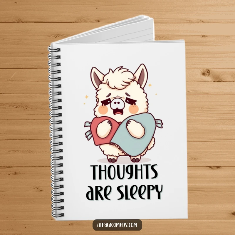 Funny notebook with a cover showing a tired alpaca yawing widely while wrapped in a cozy blanket, perfect for jotting down sleepy thoughts.