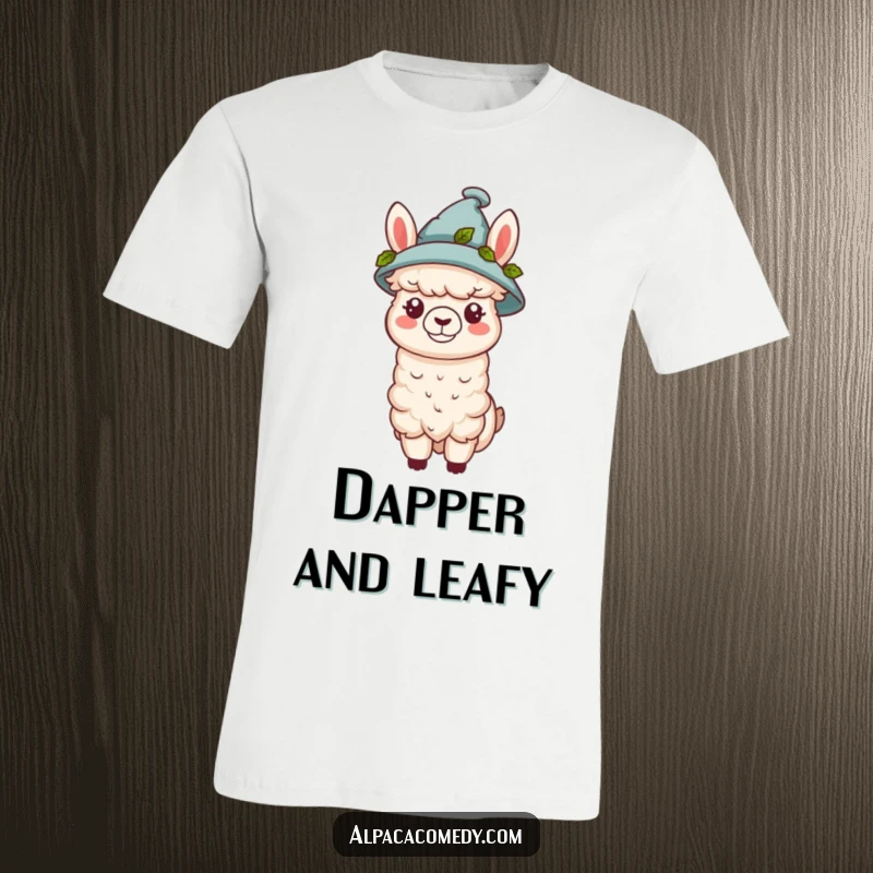 Funny kawaii alpaca wearing a tiny hat adorned with green leaves, showcasing a chic and natural style on this comfortable t-shirt.