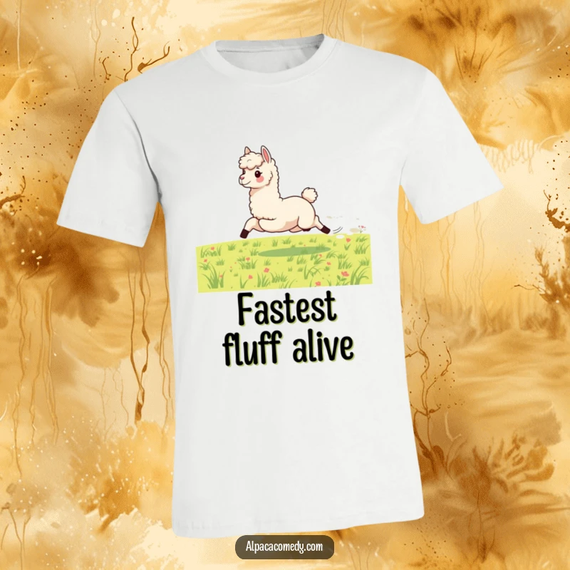 Funny t-shirt featuring an energetic alpaca sprinting with impressive speed across a vibrant, grassy meadow, conveying pure exhilaration.