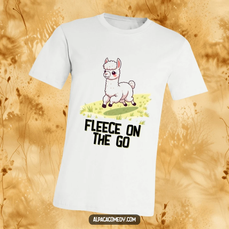 Funny alpaca with windblown fleece joyfully galloping across a field, printed on a t-shirt for a humorous look.