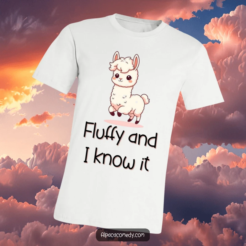 Funny Kawaii Alpaca T-Shirt showcasing a fluffy-maned alpaca in a joyous, enthusiastic prance, perfect for alpaca fans and humor seekers.