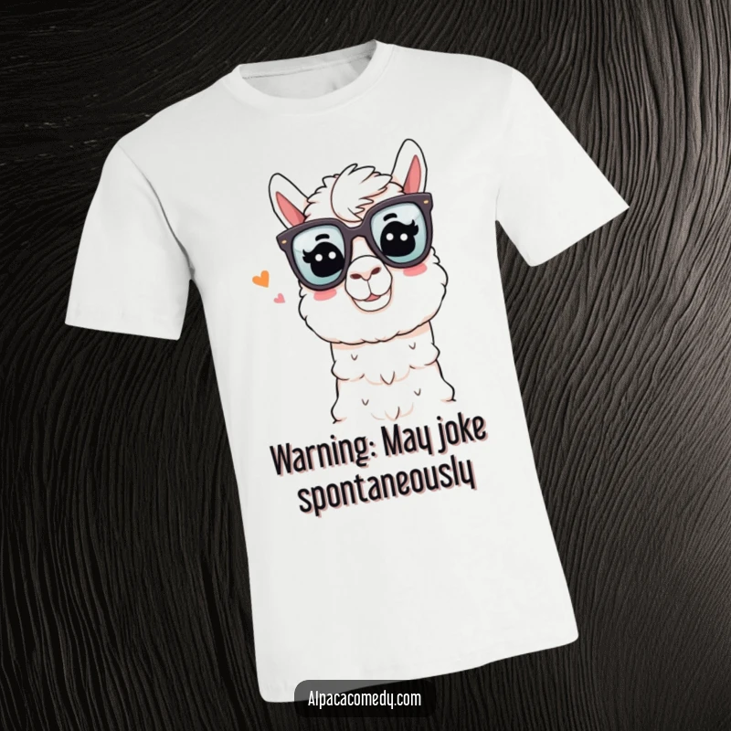 Funny Alpaca T-Shirt: An alpaca wearing oversized comedy glasses and playfully winking while telling a joke, perfect for humor lovers.