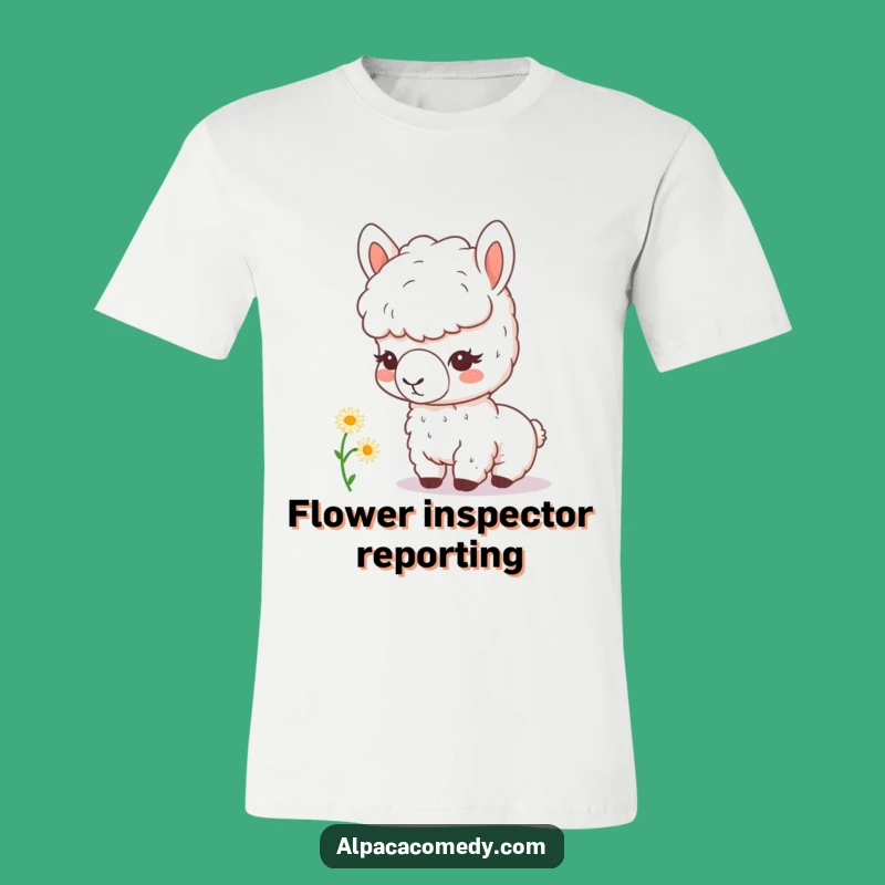 Funny Kawaii Alpaca Inspects Daisy T-Shirt - Cute & Humorous Tee