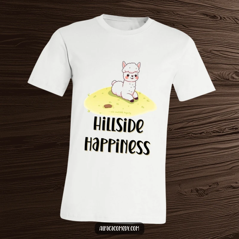 Funny kawaii alpaca joyfully slides down a gentle grassy hill, showcasing a carefree and happy spirit on this comfortable t-shirt.