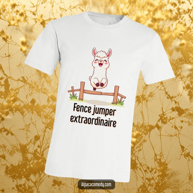Funny t-shirt of an excited alpaca character mid-leap over a fence, letting out a cheerful bleat, full of boundless energy.