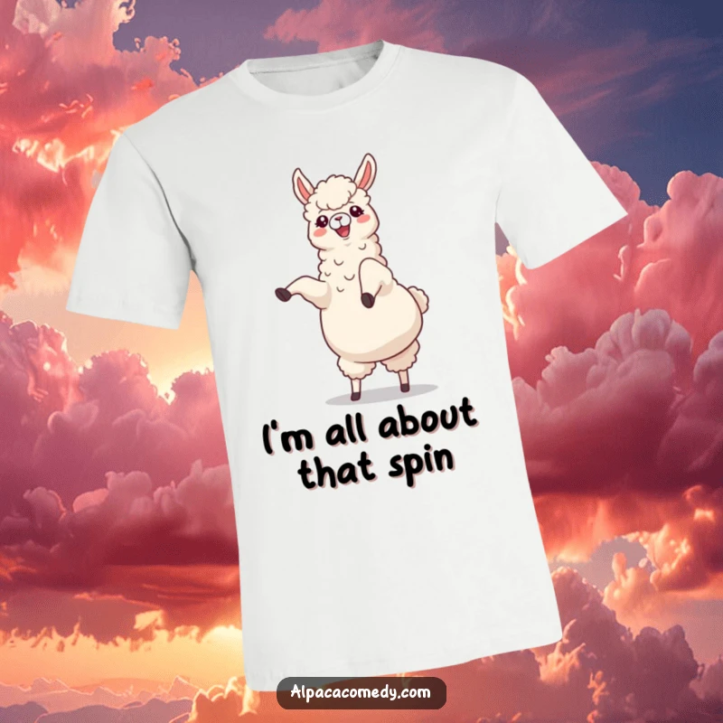 Funny Alpaca T-Shirt: A cheerful alpaca performing an energetic cartwheel with legs kicking joyfully upwards, embodying pure fun.
