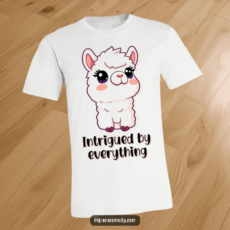 Funny Kawaii Alpaca T-Shirt featuring an alpaca with a curious gaze looking upwards, ideal for sparking conversation.