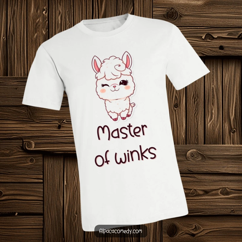 Funny Kawaii Alpaca T-Shirt featuring a charming alpaca winking with long eyelashes, perfect for adding a playful touch.
