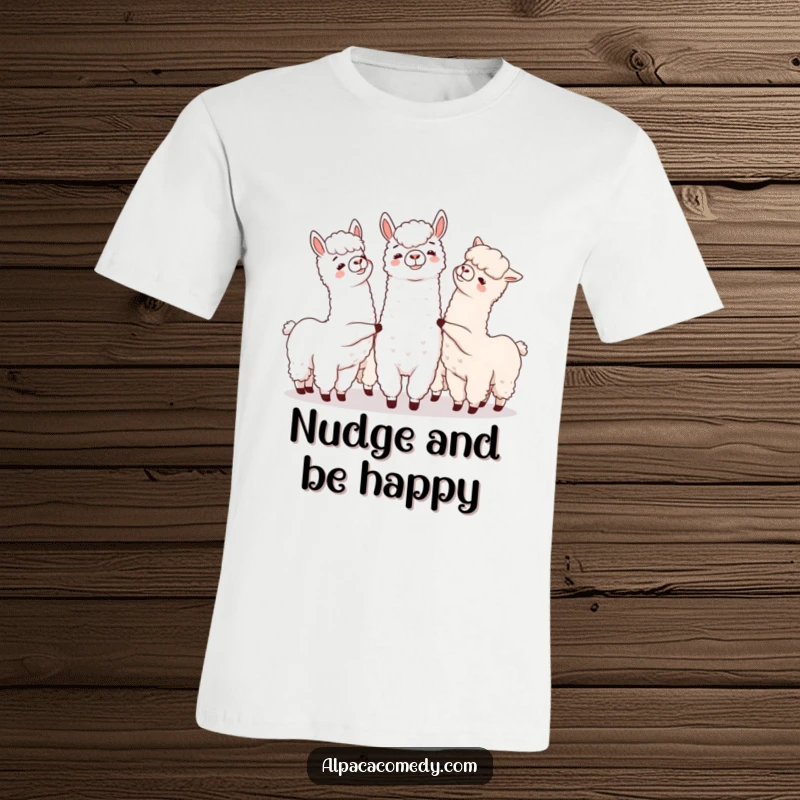 Funny t-shirt depicting a group of alpacas playfully nudging each other, symbolizing friendship and lighthearted fun.