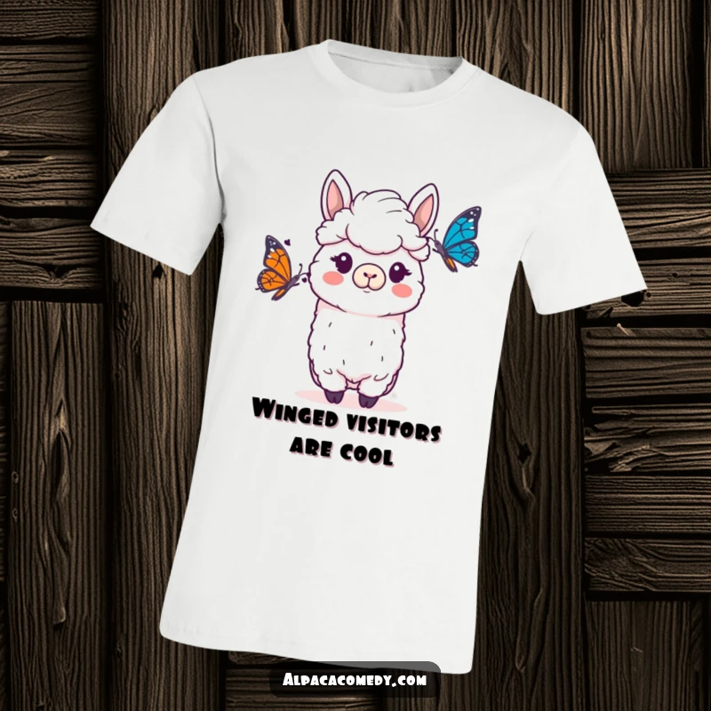 Funny Alpaca T-Shirt: An alpaca displaying a funny, surprised expression as a colorful butterfly flutters close.