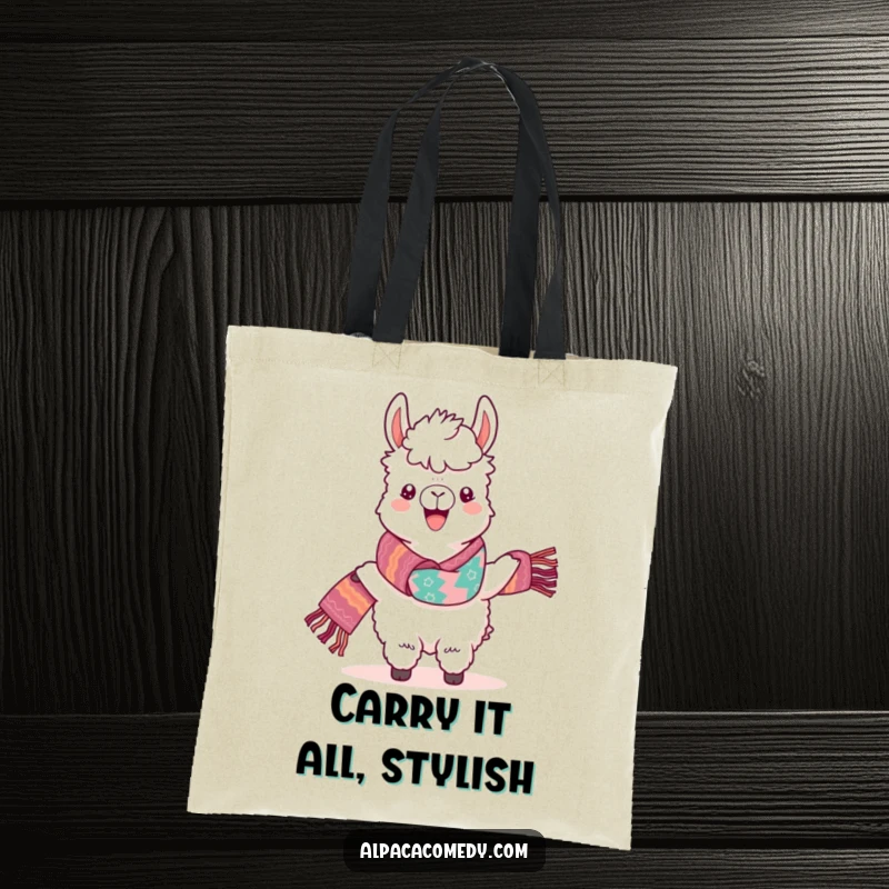 Funny Kawaii Alpaca Tote Bag, depicting a happy alpaca showcasing a brightly colored, woven scarf with pride.