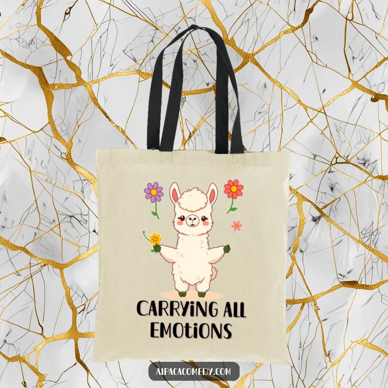 Funny kawaii alpaca skillfully juggles three vibrant flowers with poise and grace, on a durable tote bag, perfect for daily use.