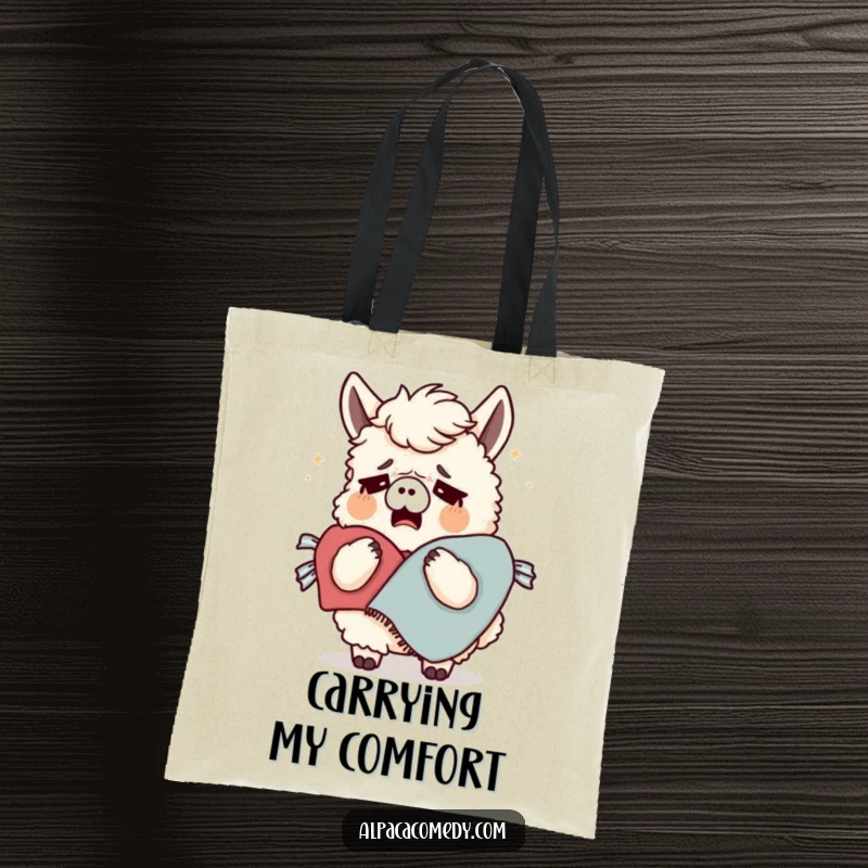 Funny tote bag featuring a tired alpaca yawning a big yawn, clutching a cozy blanket, perfect for carrying essentials in comfort.