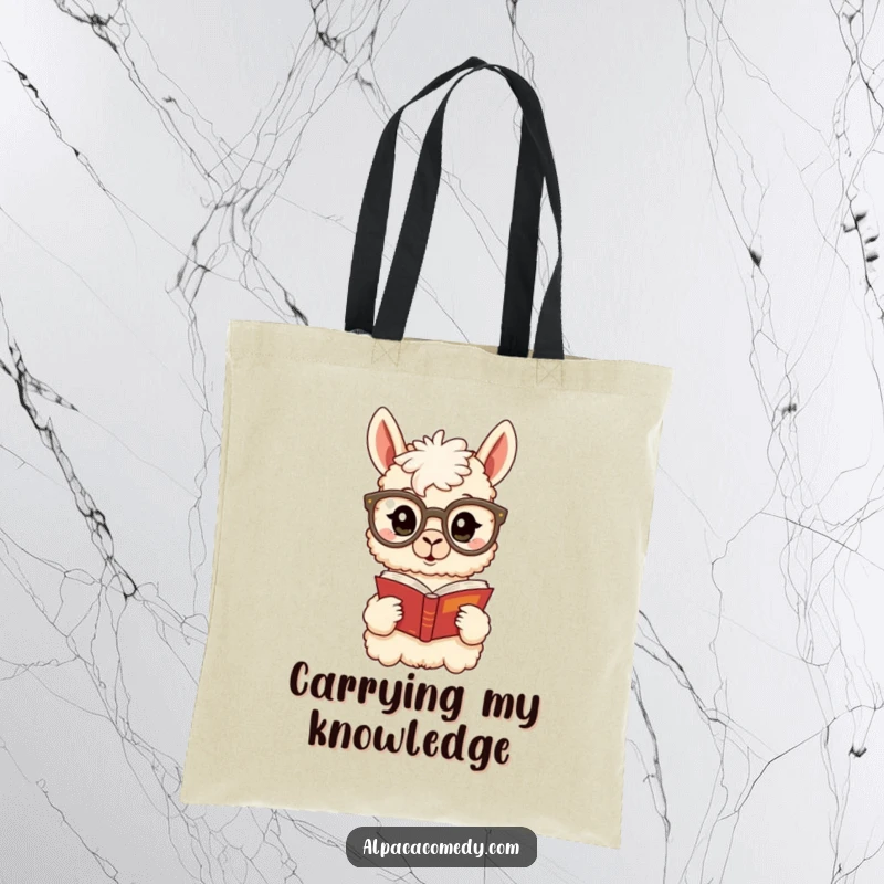 Funny Alpaca Tote Bag: An astonished alpaca in big glasses reads a book, designed for carrying literature and spreading amusing vibes.
