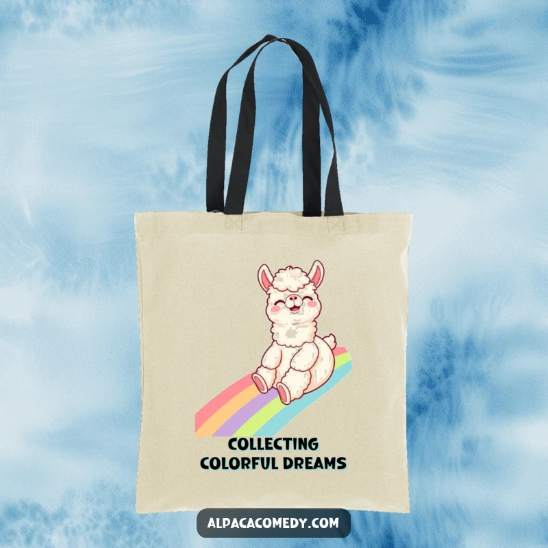 Funny Alpaca Tote Bag: A giggling alpaca slides down a rainbow with excitement, perfect for carrying essentials with whimsical flair.
