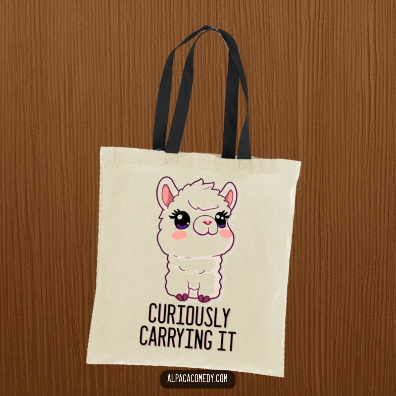 Funny Kawaii Alpaca Tote Bag featuring an alpaca with a curious expression looking skyward, perfect for stylish, humorous errands.