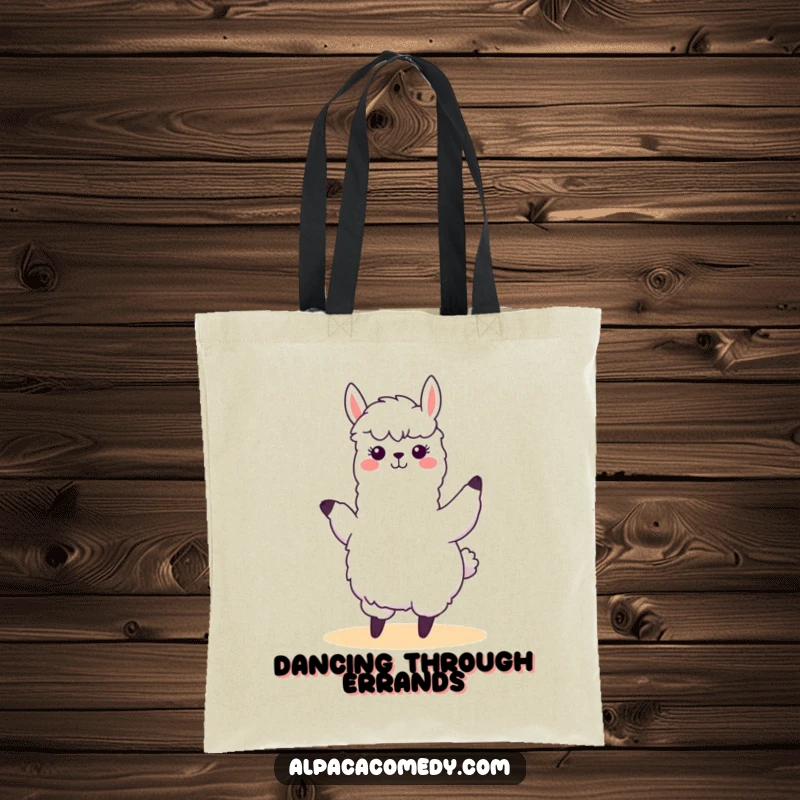 Funny kawaii alpaca performing a silly, swaying dance with joyful energy, on a durable tote bag, perfect for carrying your dance gear.