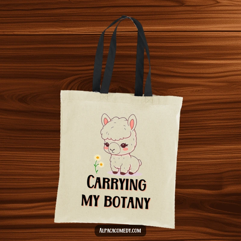 Funny kawaii alpaca with a magnifying glass curiously inspects a tiny daisy, printed on a durable tote bag, perfect for everyday use.
