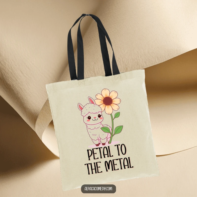 Funny Kawaii Alpaca Tote Bag, depicting a happy alpaca playfully posing with a large, blooming flower, showing a big grin.