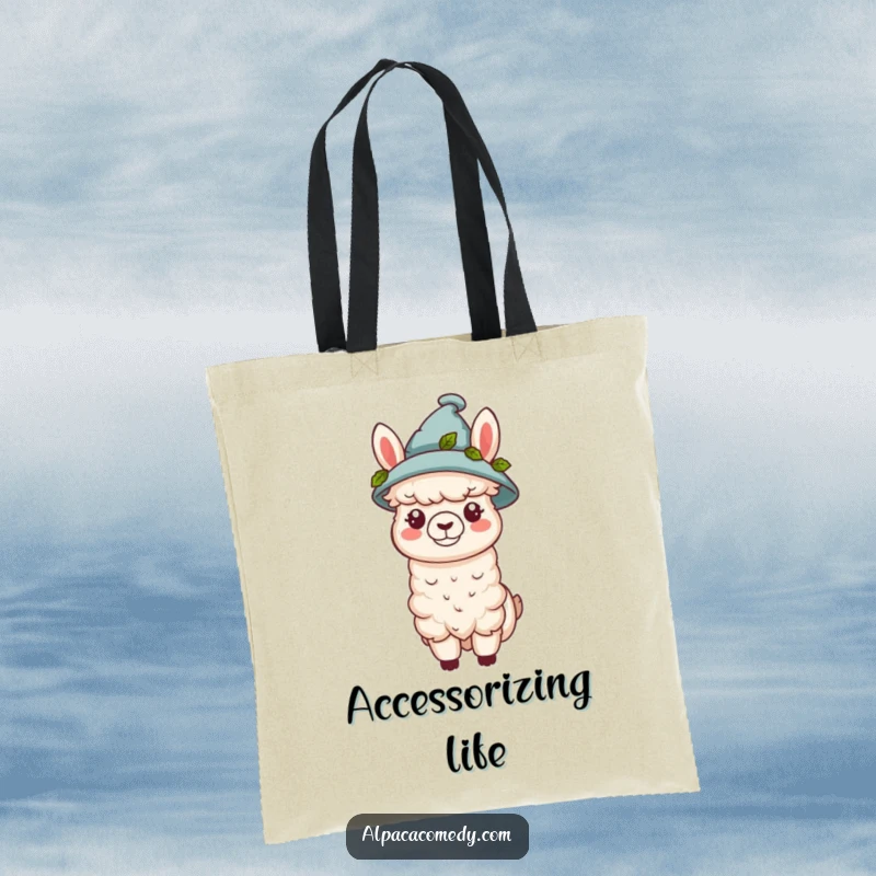Funny kawaii alpaca wearing a tiny hat adorned with green leaves, on a durable tote bag, perfect for stylish and practical use.