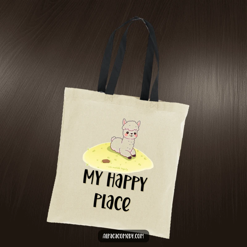 Funny kawaii alpaca joyfully slides down a gentle grassy hill, on a durable tote bag, perfect for carrying essentials with style.