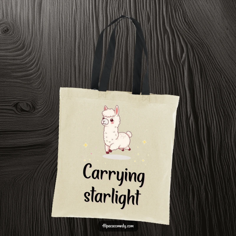 Funny Kawaii Alpaca Tote Bag, depicting a cute alpaca happily skipping through a field of sparkling, tiny stars.