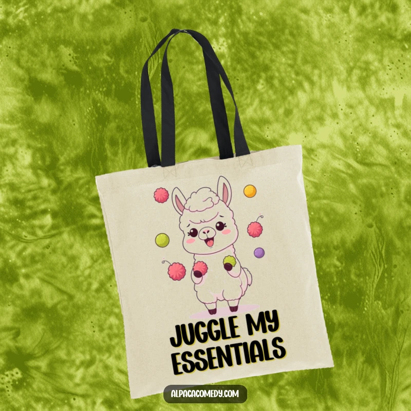 Funny tote bag featuring a giggling alpaca character juggling colorful pompoms with its hooves, ready to hold your treasures.