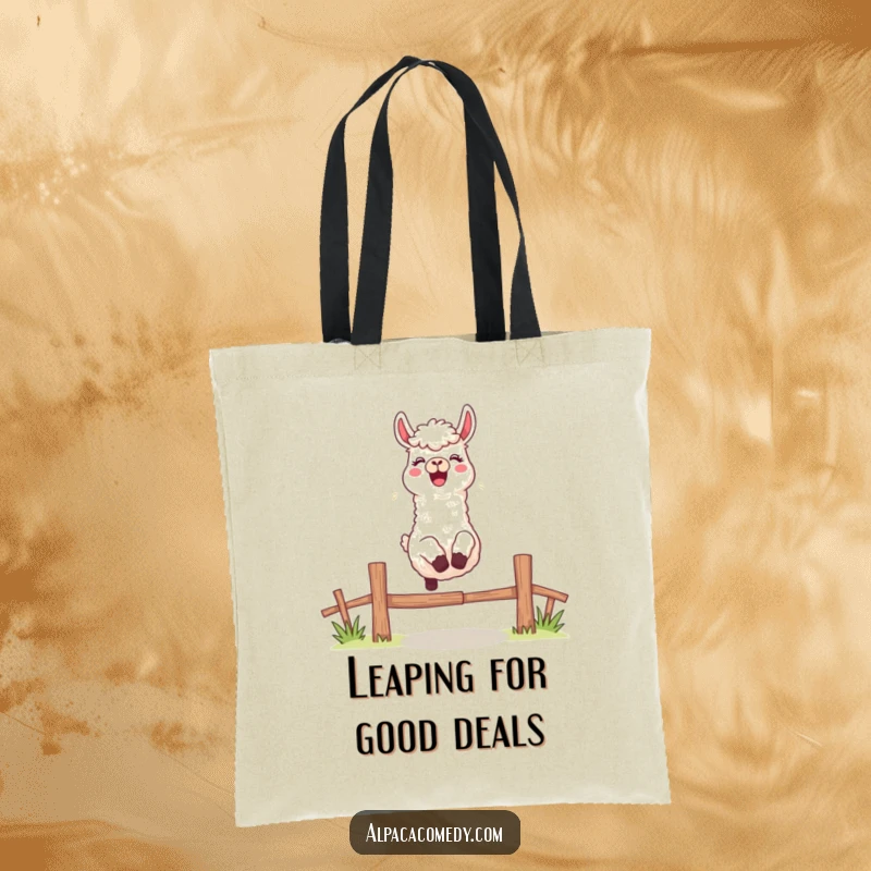 Funny tote bag featuring an excited alpaca character leaping over a fence with a cheerful bleat, ready to carry your items.