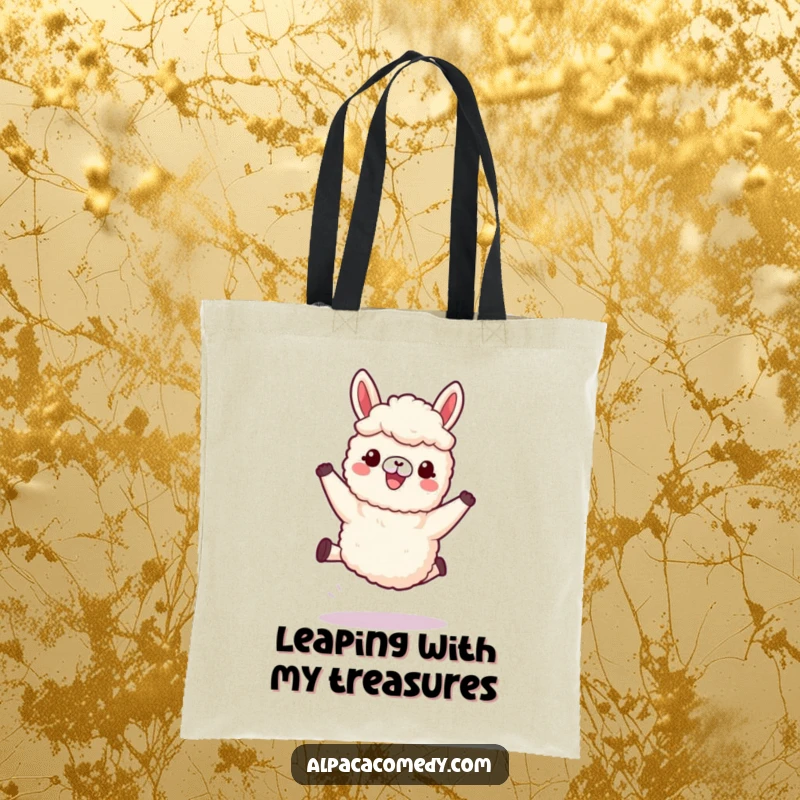 Funny Kawaii Alpaca Tote Bag featuring an alpaca joyfully leaping with soft, woolly legs, perfect for active, humorous shopping.