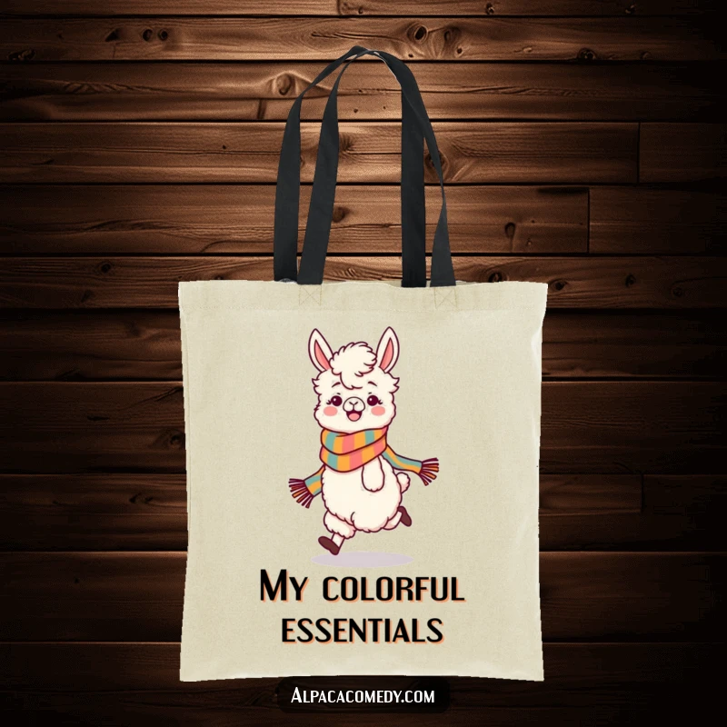 Funny tote bag featuring a playful alpaca character in a colorful scarf, skipping with pure glee, ready for adventure.