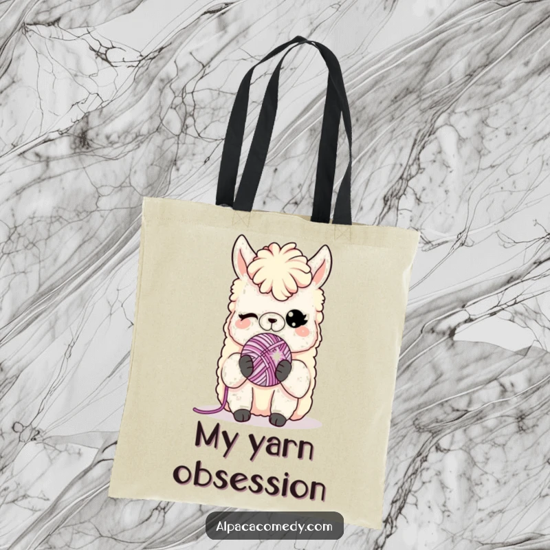 Funny tote bag: A winking alpaca character playfully holds a miniature sparkling yarn ball, adding humor to your carry-all.