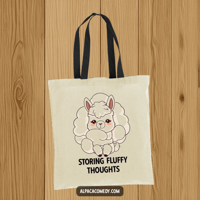 Funny Kawaii alpaca tote bag, curiously nuzzling a fluffy cloud, gentle expression evoking a sense of wonder and peaceful exploration.